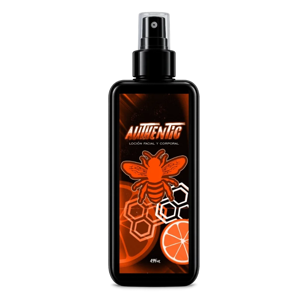 Envase negro de After Shave Authentic Vision Imperial de 500ml con atomizador y etiqueta naranja con diseño de abeja.