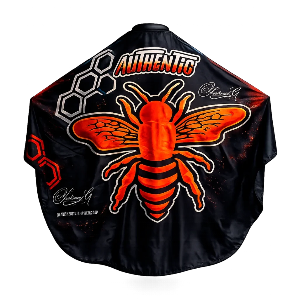 Capa de barbería Authentic Vision Imperial, tela profesional antifluidos negra con gráfico de abeja en naranja fuego y detalles geométricos.