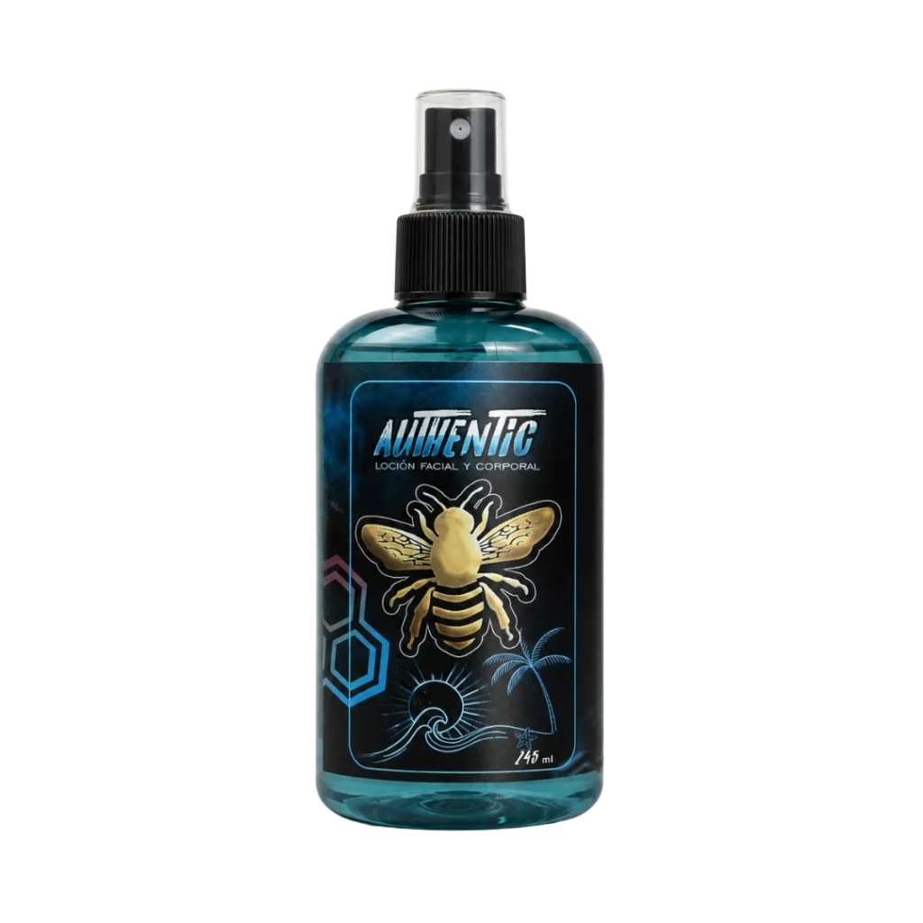 Locion facial y corporal Aureus Blue de Authentic en envase de 245 ml con atomizador negro y etiqueta con abeja dorada sobre fondo negro.