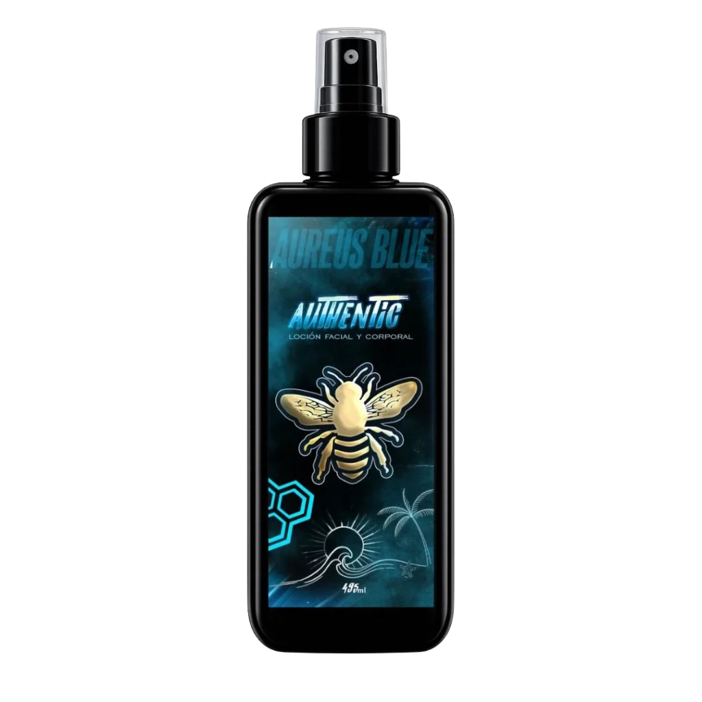 Loción facial y corporal Aureus Blue de Authentic en envase negro grande de 495 ml con atomizador spray y etiqueta de abeja dorada sobre fondo negro.