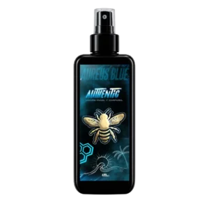 Loción facial y corporal Aureus Blue de Authentic en envase negro grande de 495 ml con atomizador spray y etiqueta de abeja dorada sobre fondo negro.