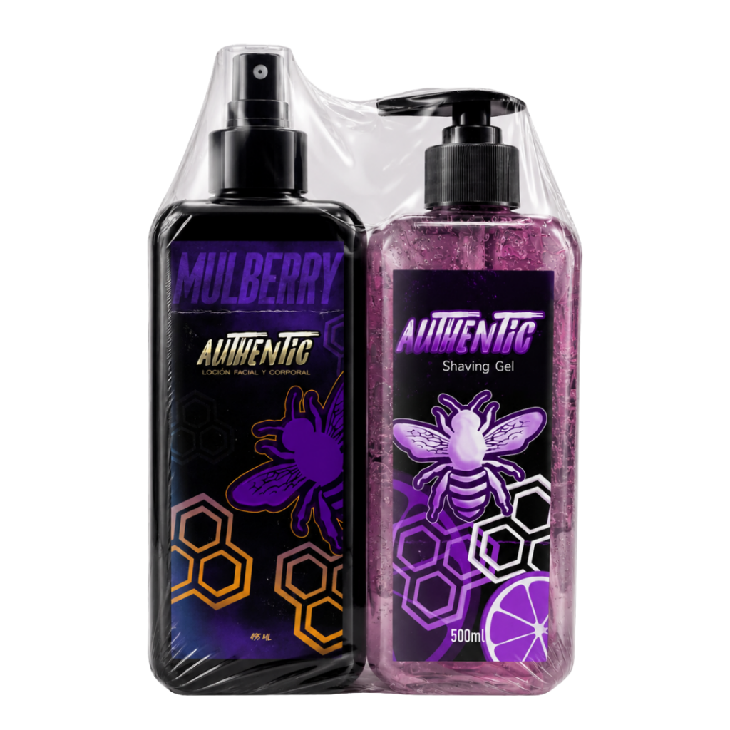 Combo Afeitado Grande Authentic Mulberry de 500ml con Shaving Gel morado y Loción Facial y Corporal After Shave envueltos en empaque termocontraíble.
