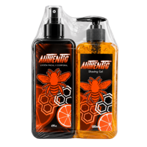 Combo de Afeitado Grande Authentic Vision Imperial de 500ml con Shaving Gel naranja y Loción Facial y Corporal After Shave envueltos en plástico termoencogible.