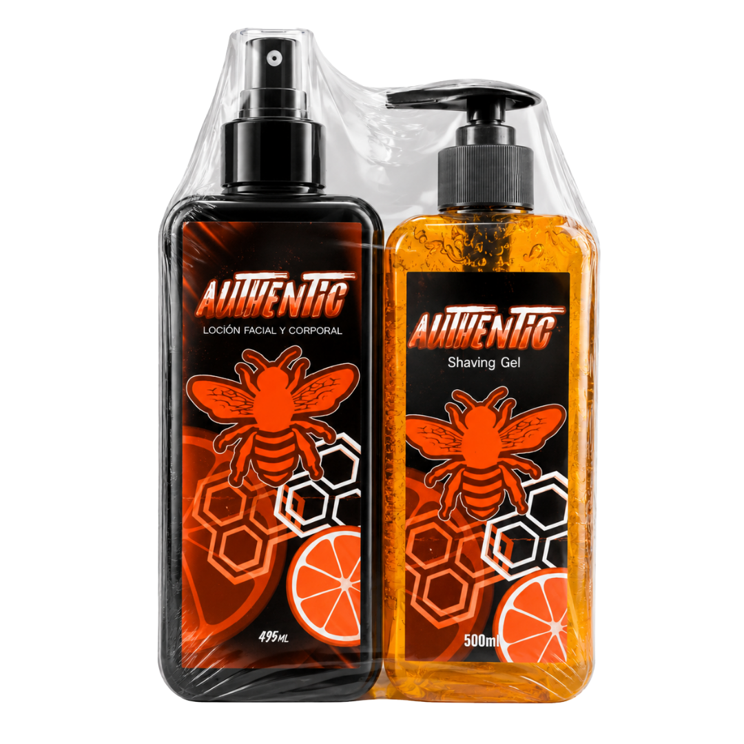 Combo de Afeitado Grande Authentic Vision Imperial de 500ml con Shaving Gel naranja y Loción Facial y Corporal After Shave envueltos en plástico termoencogible.