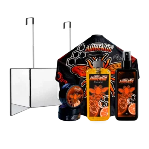 Combo Autocorte Full Vision Imperial con espejo triple plegable de 360 grados, capa de barbería negra y naranja, Shaving Gel de 500ml, After Shave de 500ml y cera cremosa de 200g.