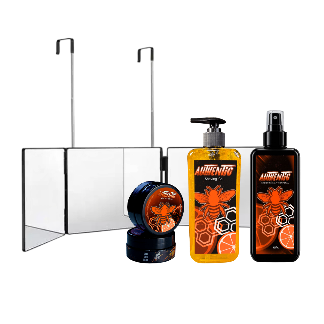 Combo Autocorte Vision Imperial con espejo triple plegable de 360 grados, Shaving Gel de 500ml, After Shave de 500ml y cera cremosa de 200g.